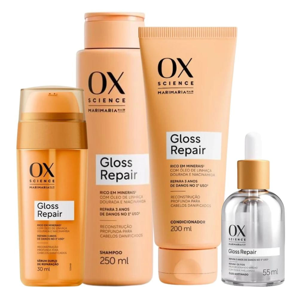 Kit Ox Science Mari Maria Hair Gloss Repair: Shampoo 250ml, Condicionador 200ml, Óleo Acetinado 55ml + Sérum duplo 30 ml