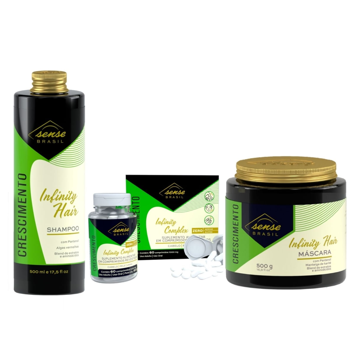 Sense Brasil Infinity Hair Kit (Shampoo e Máscara 500ml + Suplemento Alimentar)
