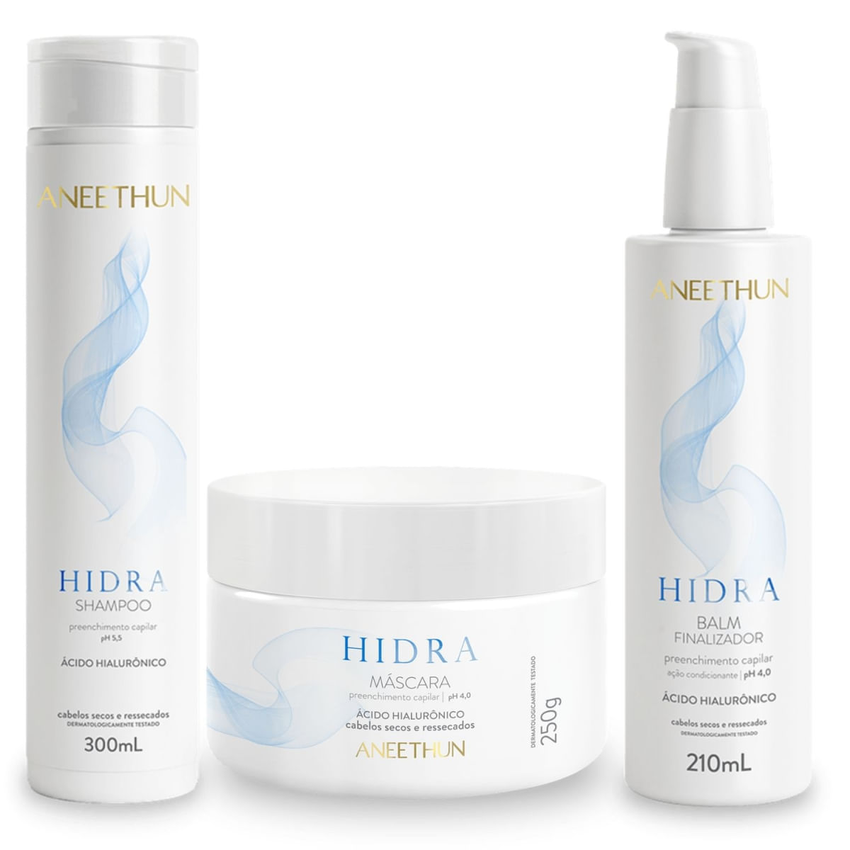 Kit Aneethun Hidra Shampoo + Máscara + Balm Finalizador Tratamento com Ácido Hialurônico 3 Produtos