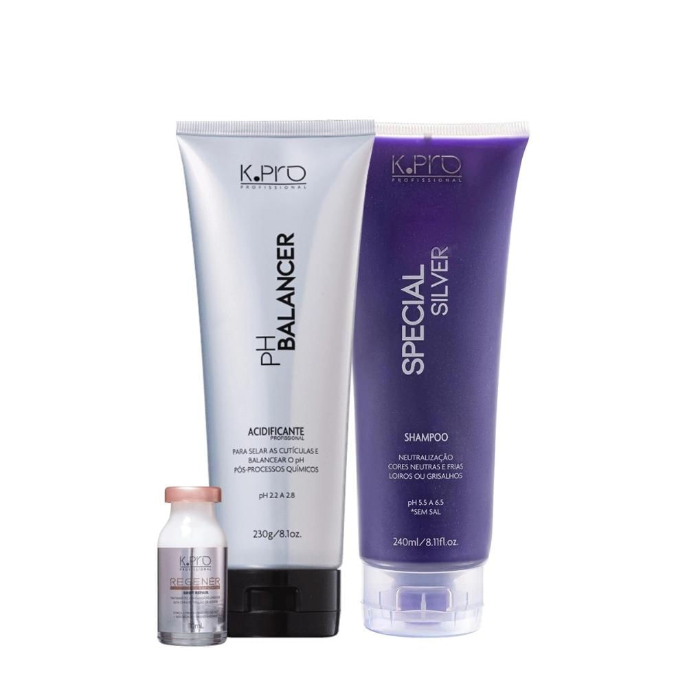 Kit K.Pro Special Silver - Shampoo 240ml + pH Acidificante 230g + Ampola Regenér Shot Repair 10ml