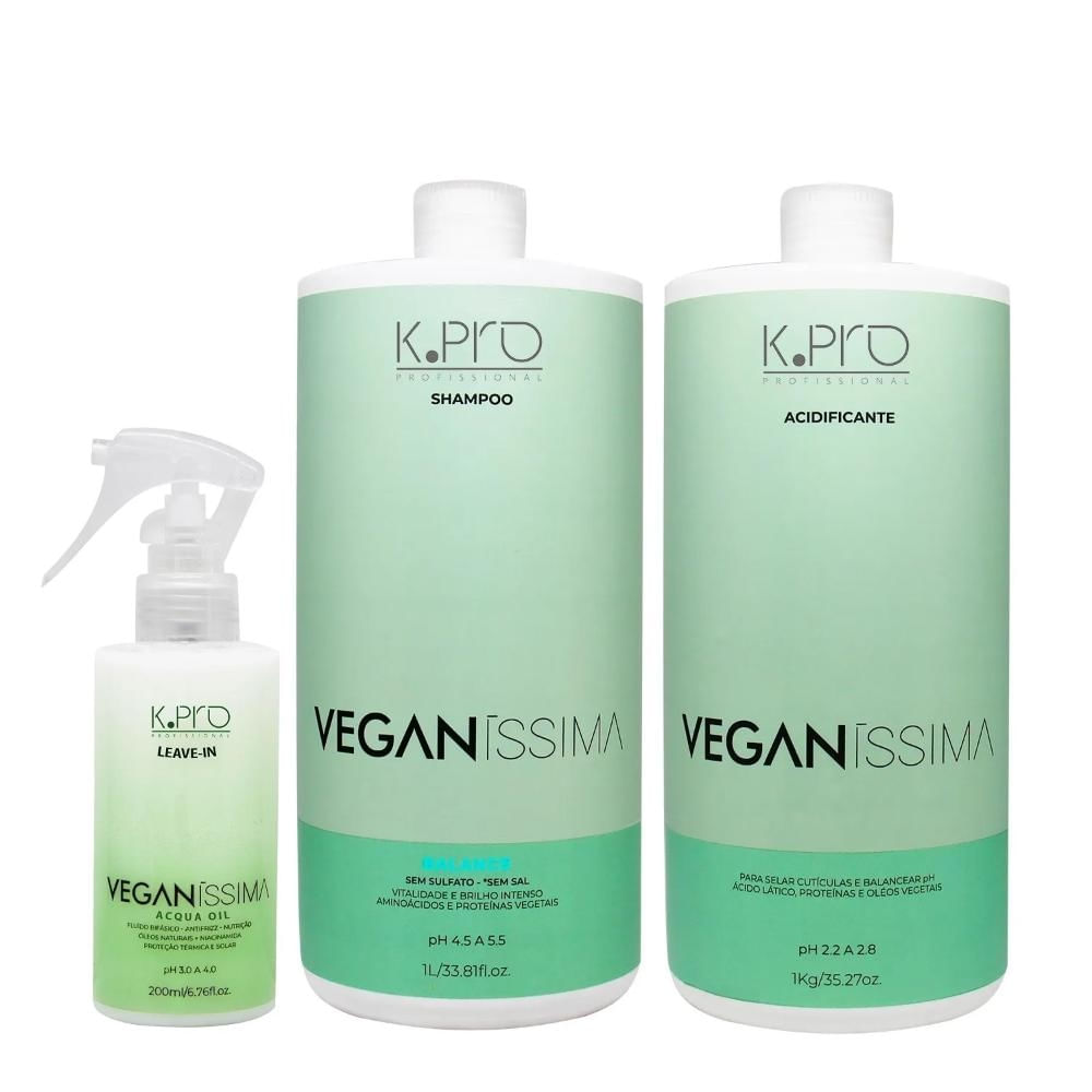 Kit K.Pro Veganíssima - Shampoo Balance 1L +  Acidificante 1Kg + Leave-In Acqua Oil 200ml