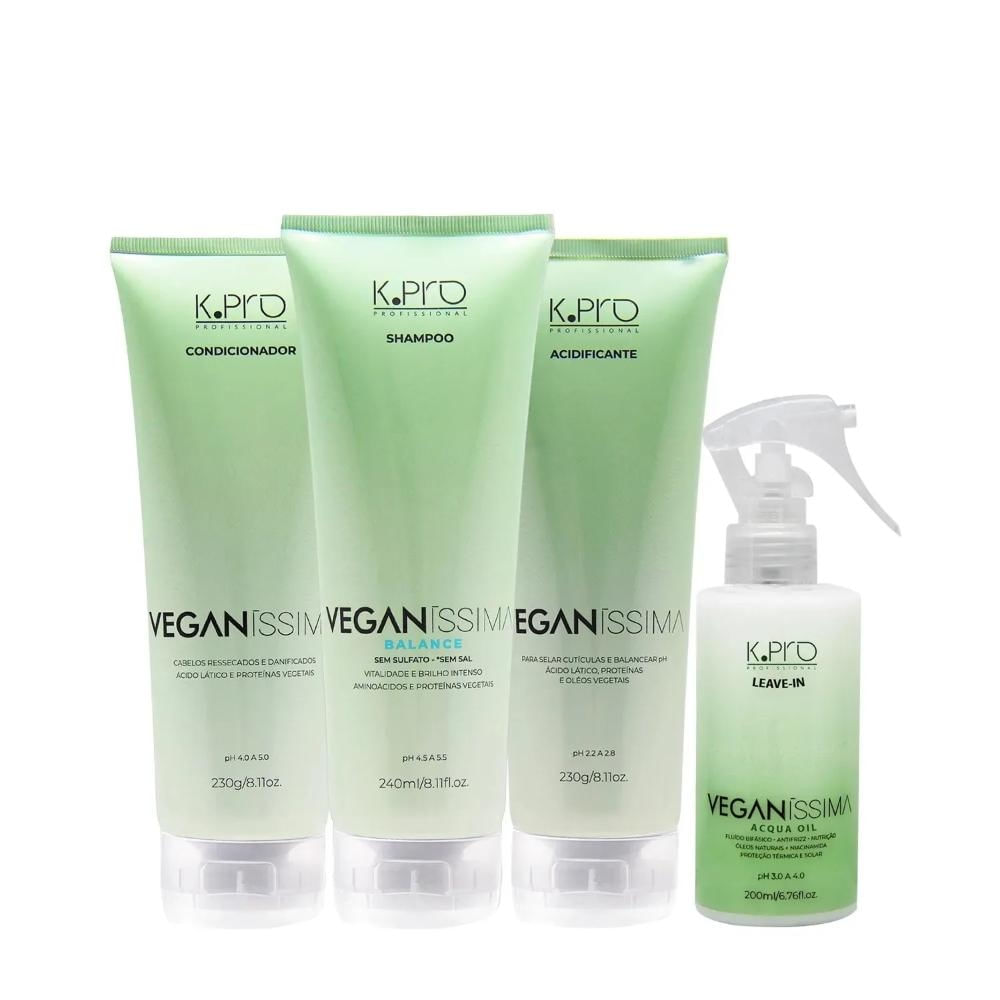 Kit K.Pro Veganíssima - Shampoo Balance 240ml + Condicionador 230g + Acidificante 230g + Leave-In Acqua Oil 200ml