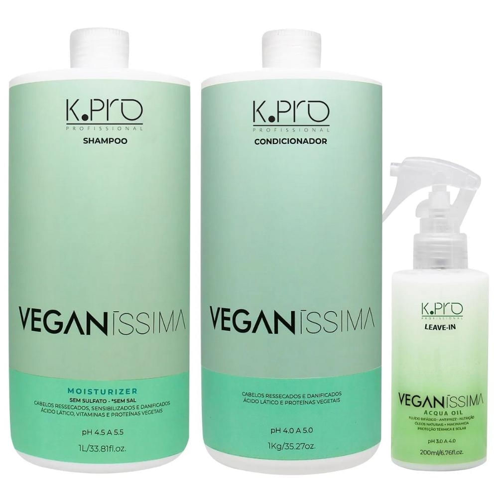 Kit K.Pro Veganíssima - Shampoo Moisturizer 1L + Condicionador 1Kg + Leave-In Acqua Oil 200ml