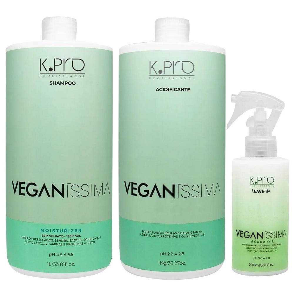 Kit K.Pro Veganíssima - Shampoo Moisturizer 1L + Acidificante 1Kg + Leave-In Acqua Oil 200ml