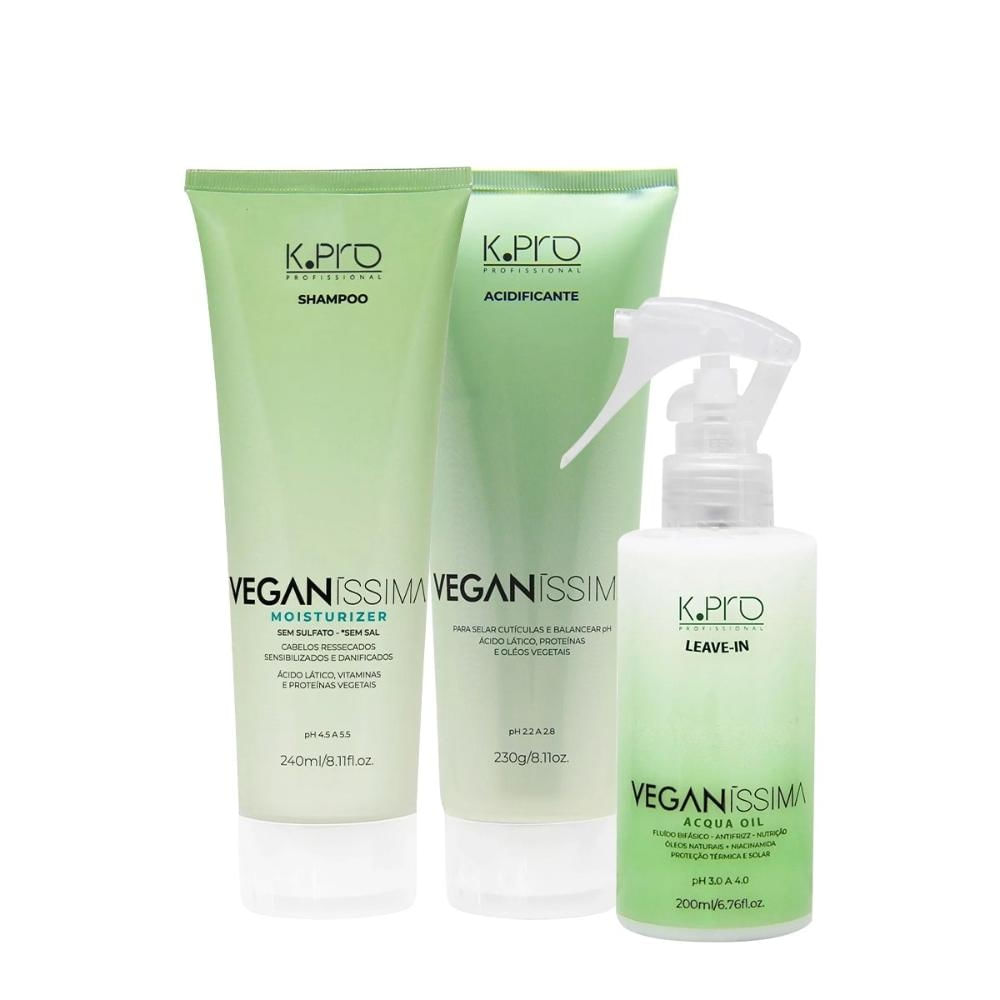 Kit K.Pro Veganíssima - Shampoo Moisturizer 240ml + Acidificante 230g + Leave-In Acqua Oil 200ml