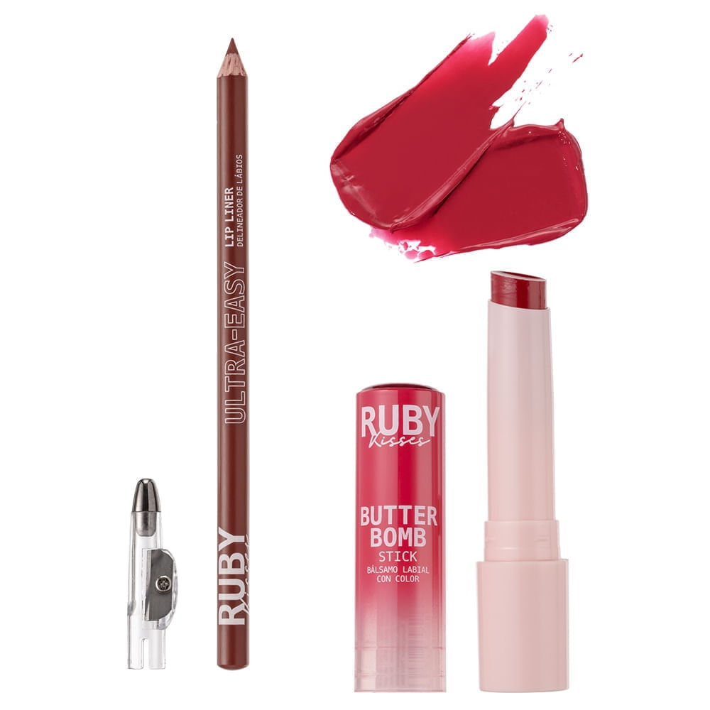 Lip Combo Gloss Stick Butter Bomb + Lápis de Boca - Ruby Kisses Pink + Marsala