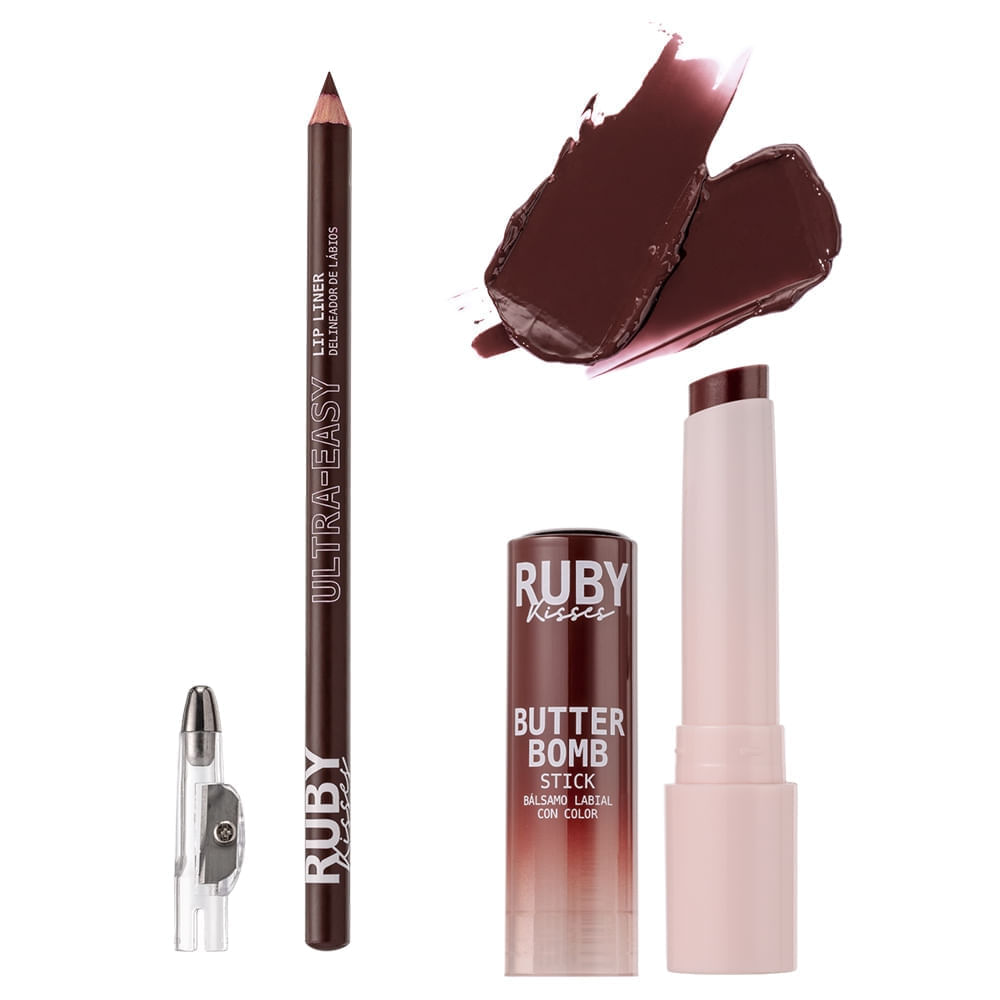 Lip Combo Gloss Stick Butter Bomb + Lápis de Boca - Ruby Kisses Lava Cake + Burgundy