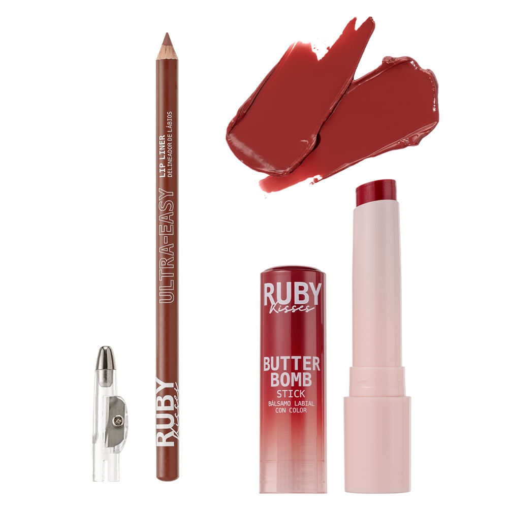 Lip Combo Gloss Stick Butter Bomb + Lápis de Boca - Ruby Kisses Cinnamon Roll + Nude Rose