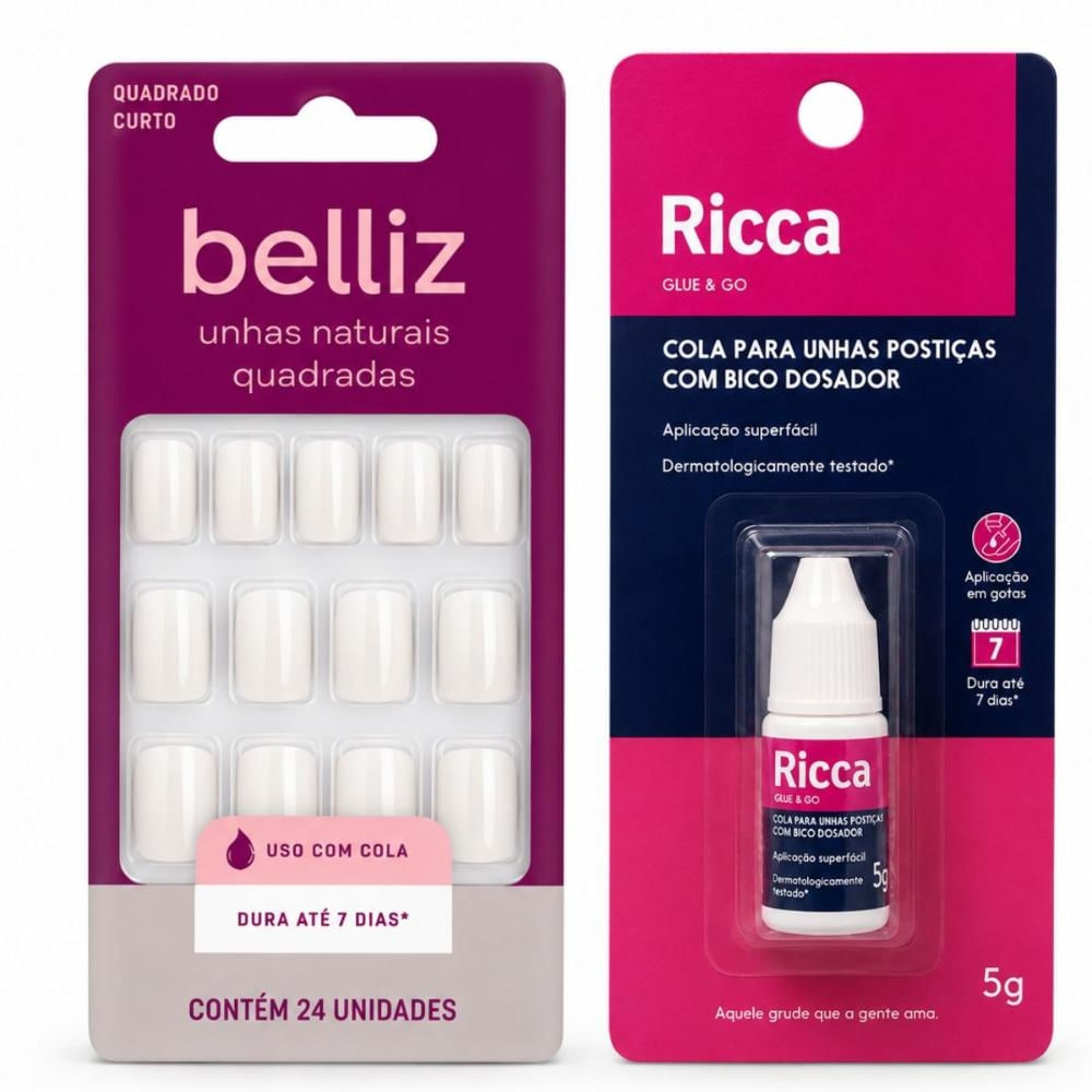 Kit Belliz: Unhas Postiças Naturais Quadrado Curto e Cola De Unhas 5g