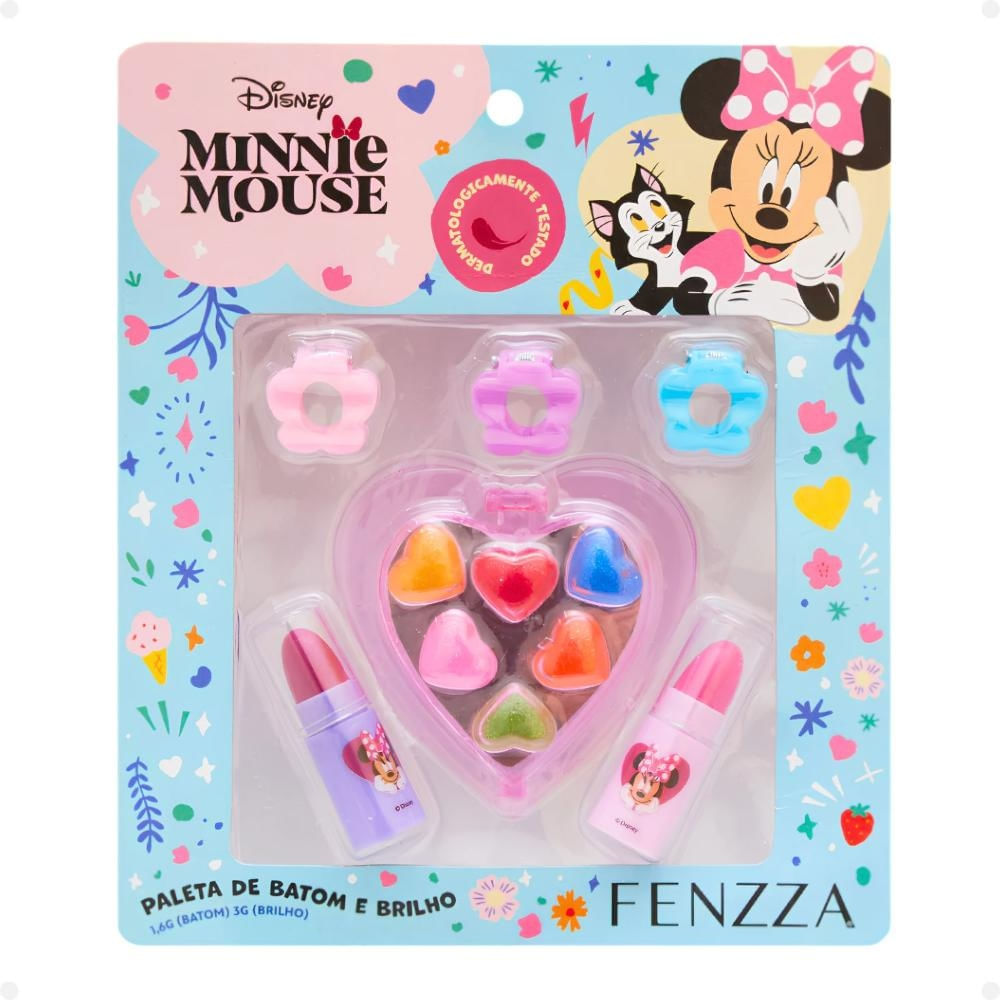 Kit De Maquiagem Infantil Fenzza Disney Minnie Mouse: Paleta De Brilho, Batom E Presilhas Dis044