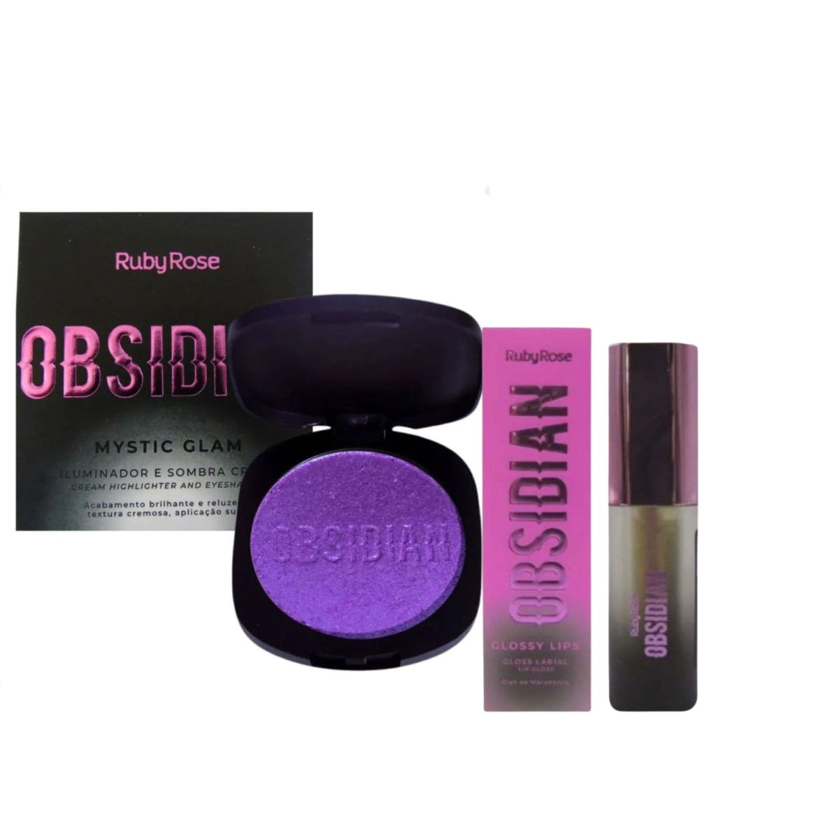 Ruby Rose Obsidian Iluminador E Sombra Amethyst 4,5G + Glossy Lips 2,2Ml
