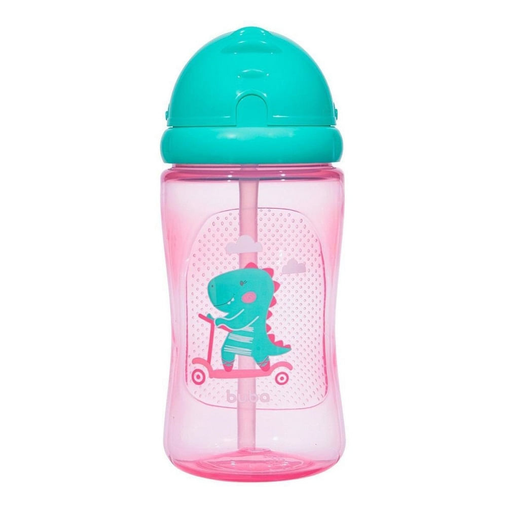 Garrafa Buba Dinossauro Patinete Rosa com Canudo Retrátil 340ml