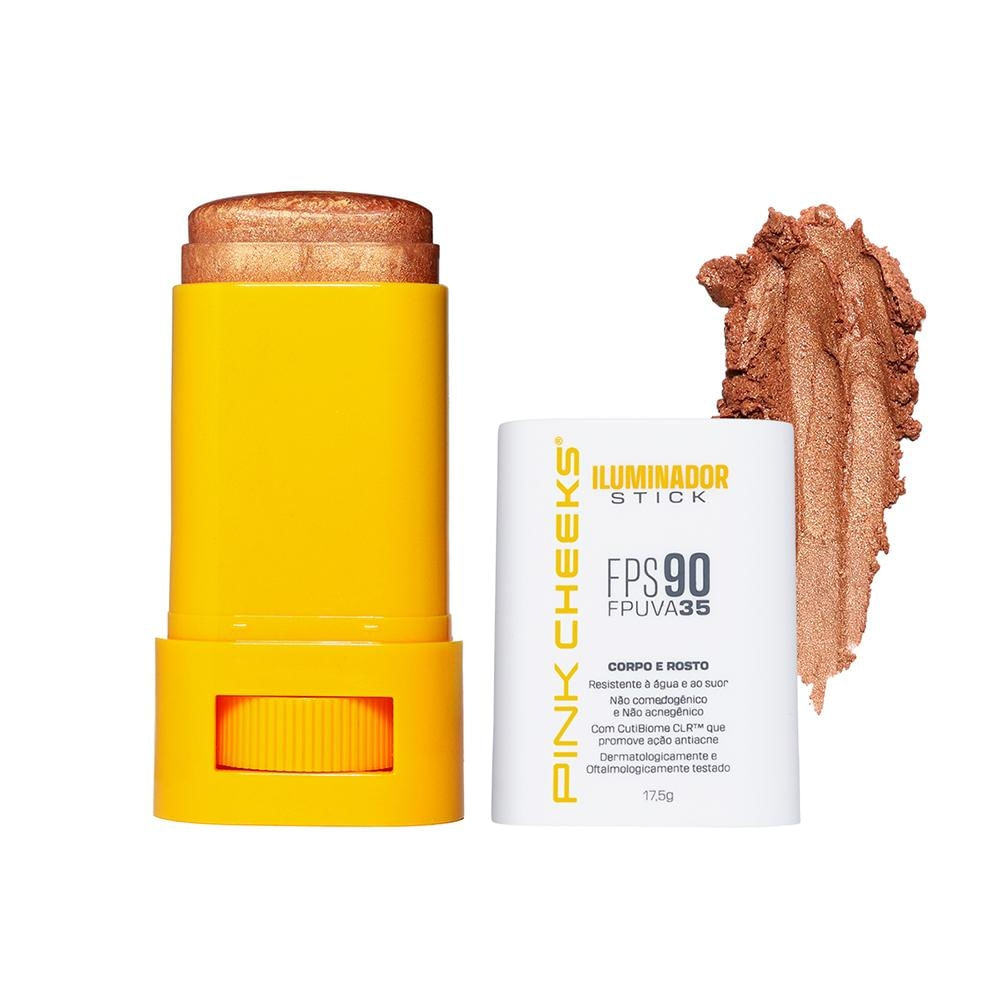 Pink Cheeks Proteção Solar Com Glow Fps 90 Fpuva 35 Gold Iluminador Multifuncional Facial e Corporal 17,5g
