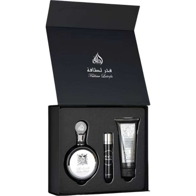 Kit Lattafa Fakhar Black 100ML+Travel 12ML+Gel de banho 100ML