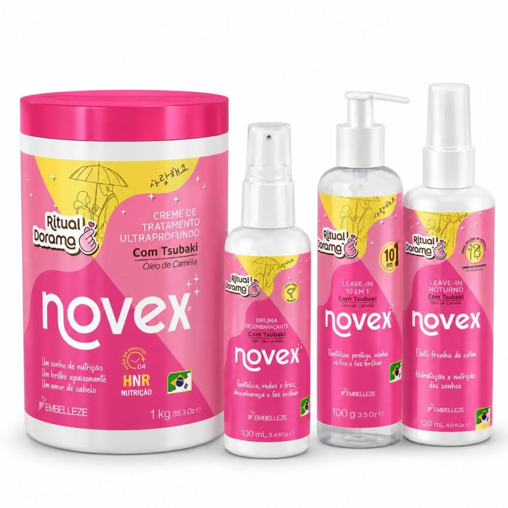 Kit Novex Ritual Dorama: Leave-In Noturno 120ml, Bruma Desembaraçante 100ml, Leave-In 10 em 1 100g e Creme de Tratamento 1Kg