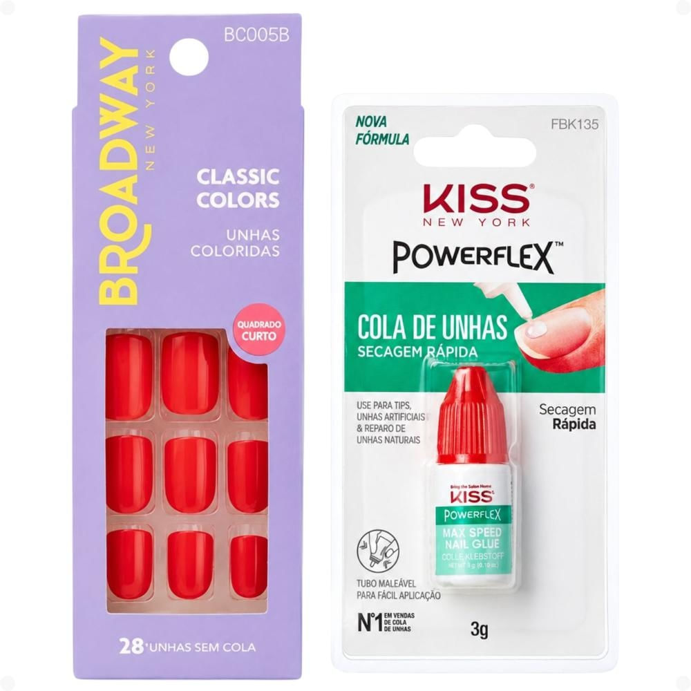 Kit Kiss New York: Unhas Postiças Quadrado Curto Vintage e Cola De Unhas 3g