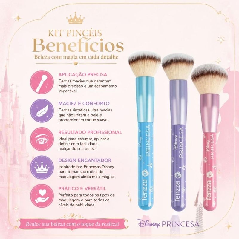 Kit Fenzza Disney Princesas: Pincel Para Base, Pó e Blush - Época