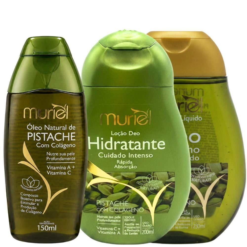 Kit Completo Muriel Pistache Com Colágeno: Óleo Natural, Loção Deo Corporal 200ml e Óleo de Banho 230ml