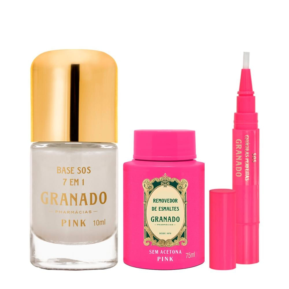 Kit Granado Pink 7 em 1 Base para Unhas 10ml+Caneta Cutículas 3,5g+Removedor de Esmalte 75ml