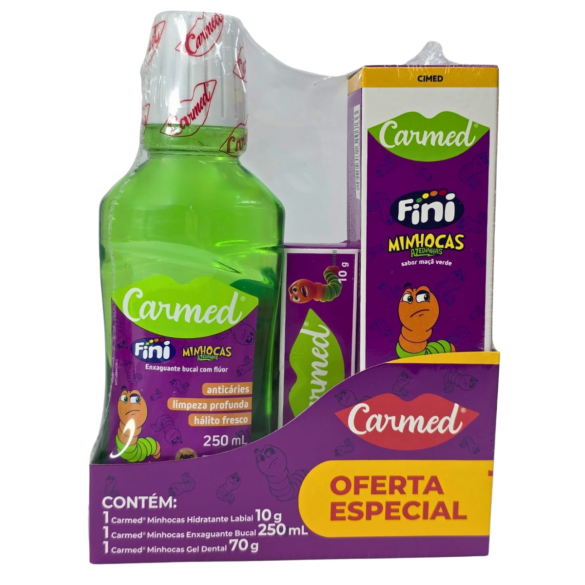 Kit 1 Gel Dental + 1 Enxaguante Bucal + 1 Hidratante Labial Minhocas Azedinhas Com Flúor Zero Álcool Fini Carmed Cimed