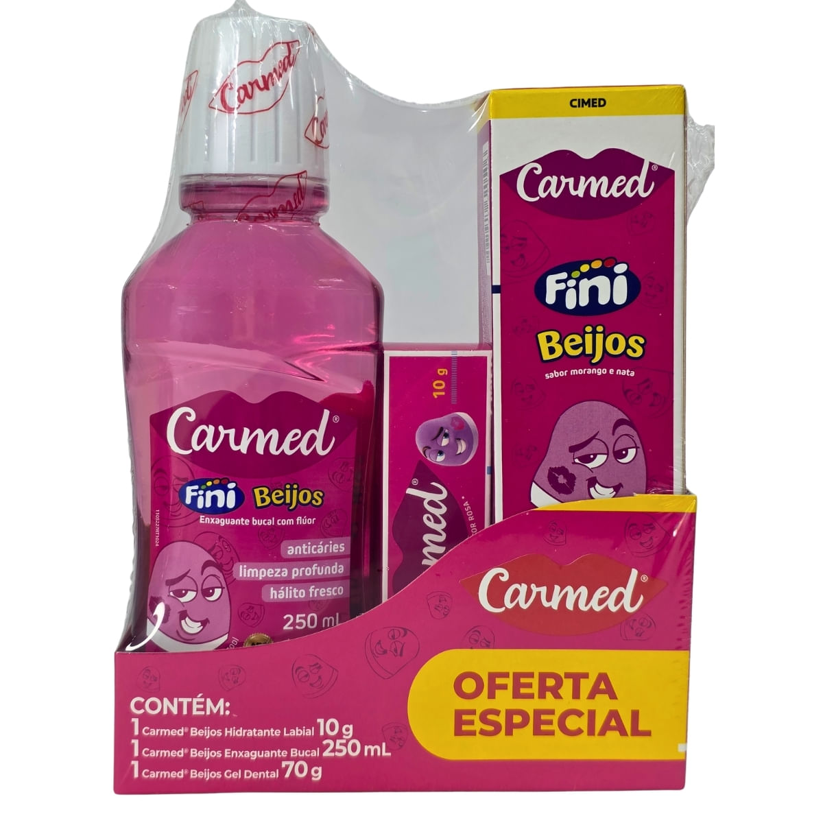Kit 1 Gel Dental + 1 Enxaguante Bucal + 1 Hidratante Labial Beijos Sabor Morango E Nata Fini Carmed Cimed