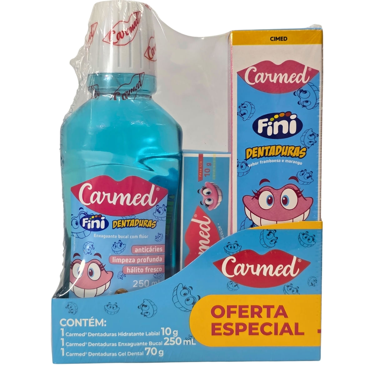 Kit 1 Gel Dental + 1 Enxaguante Bucal + 1 Hidratante Labial Dentaduras Sabor Framboesa E Morango Fini Carmed Cimed