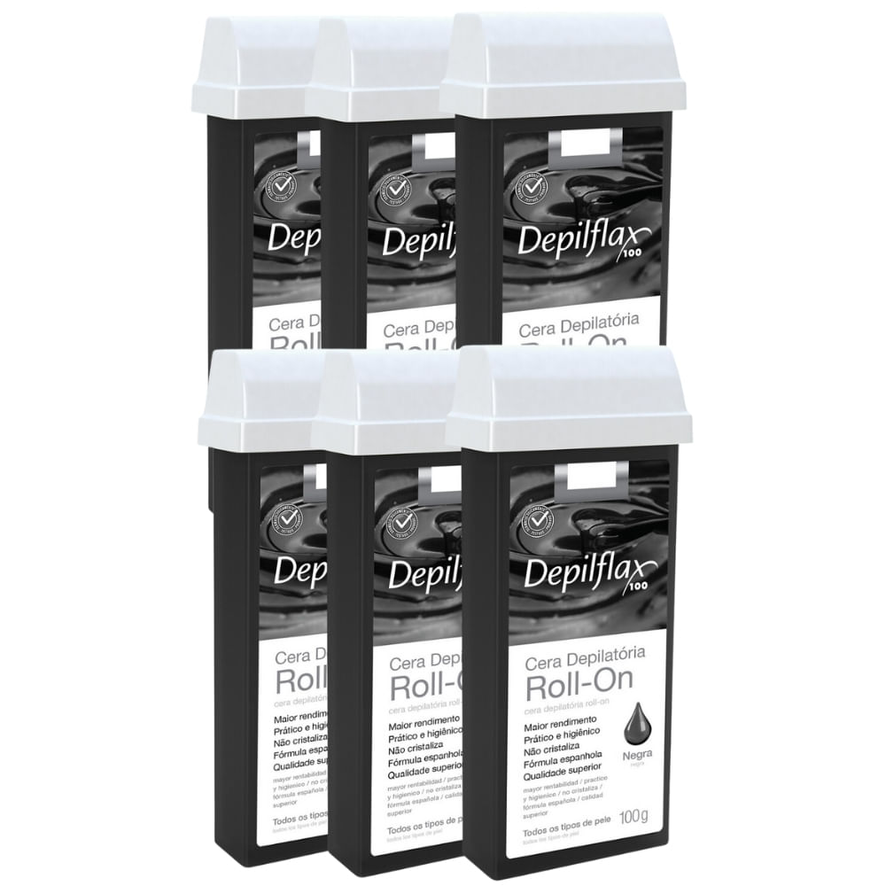Kit Cera Refil Roll On Depilflax Negra 100G 6 Un