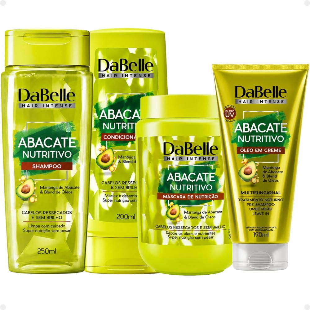 Kit DaBelle Abacate Nutritivo: Shampoo 250ml, Condicionador 200ml, Óleo em Creme 190ml e Máscara de Nutrição 800g