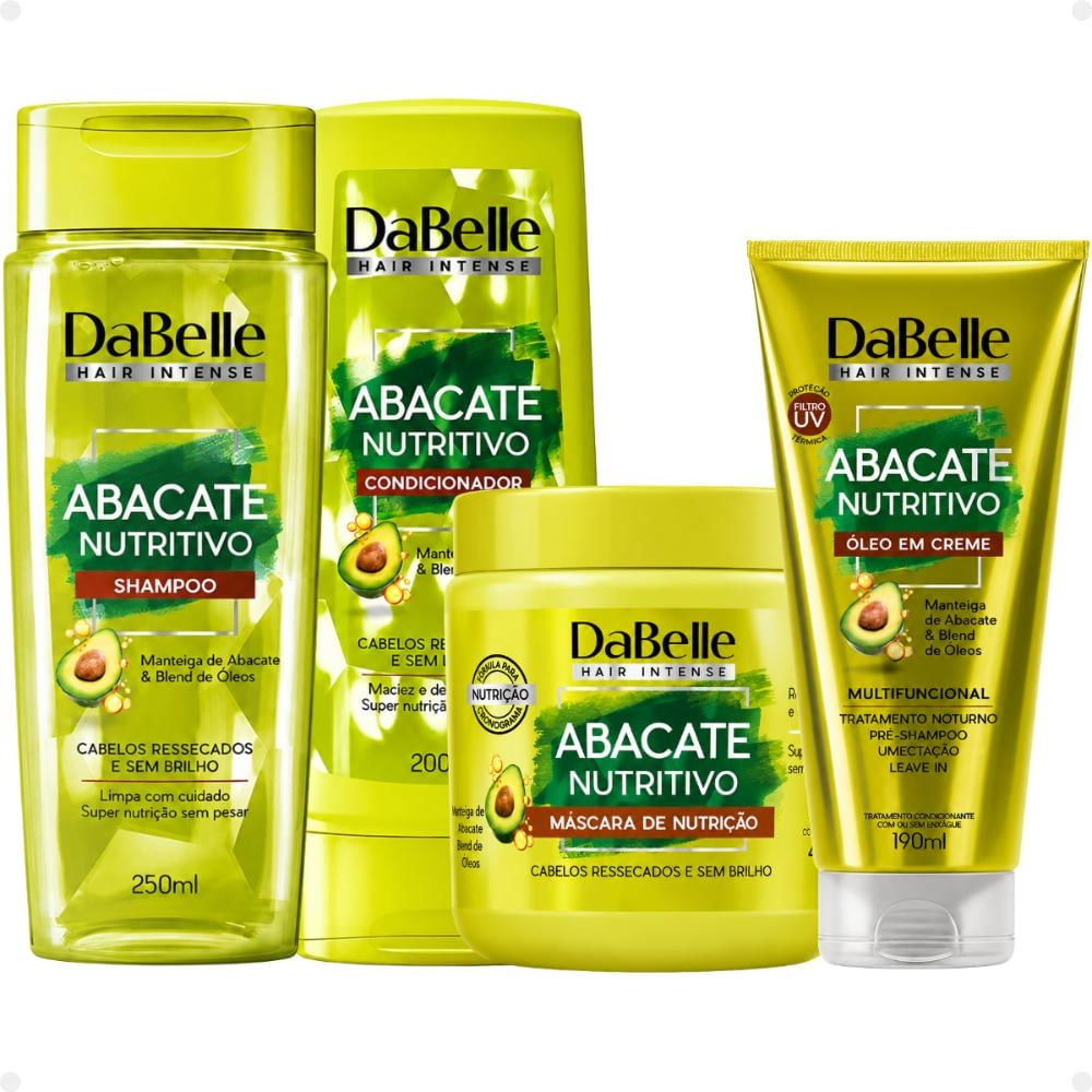 Kit DaBelle Abacate Nutritivo: Shampoo 250ml, Condicionador 200ml, Máscara de Nutrição 400g e Óleo em Creme 190ml