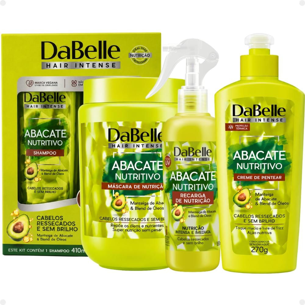 Kit DaBelle Abacate Nutritivo: Shampoo 410ml e Condicionador 175ml+ Máscara de Nutrição 800g, Recarga de Nutrição 180ml,Creme de Pentear 270g