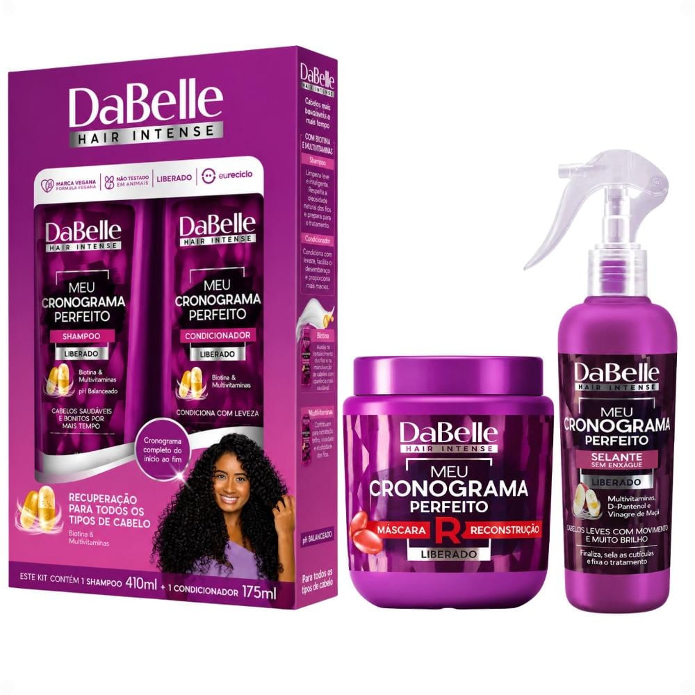 Kit DaBelle Meu Cronograma Perfeito: Shampoo 410ml e Condicionador 175ml + Máscara de Reconstrução, Selante