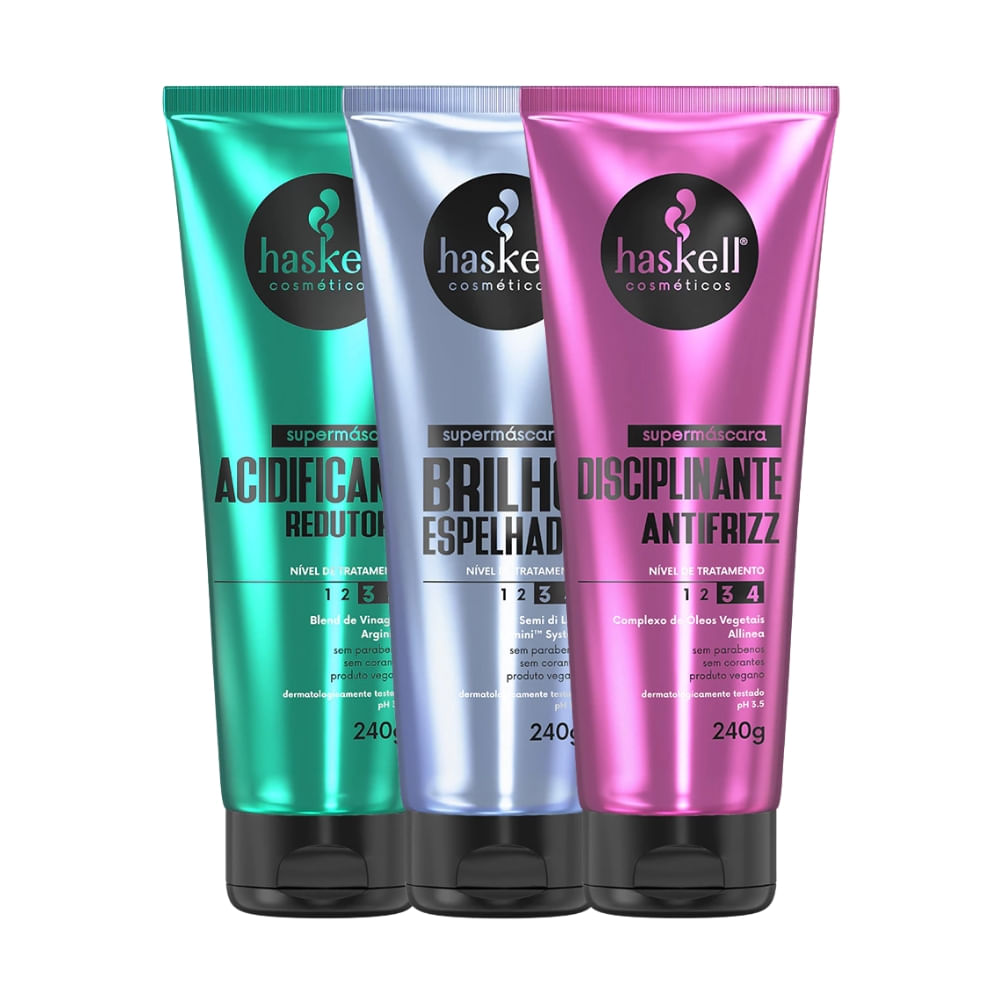 Kit Supermáscaras Haskell Acidificante Redutor de pH, Brilho Espelhado e Disciplinante Antifrizz 240g