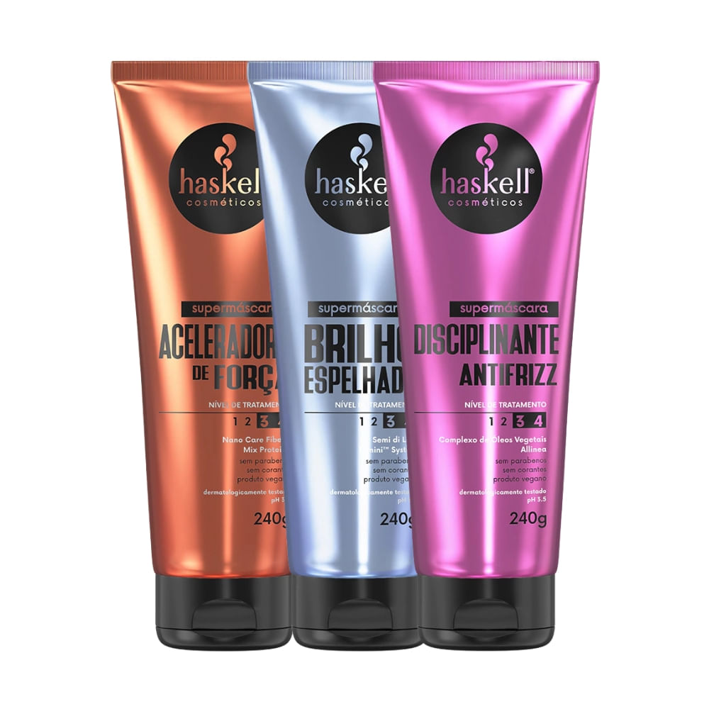 Kit Supermáscaras Haskell Aceleradora de Força, Brilho Espelhado e Disciplinante Antifrizz 240g