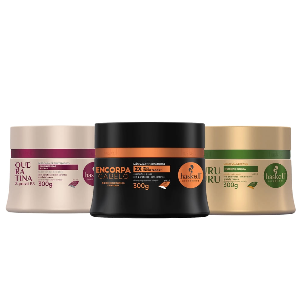 Kit Máscaras Haskell Queratina, Murumuru e Encorpa Cabelo 300g