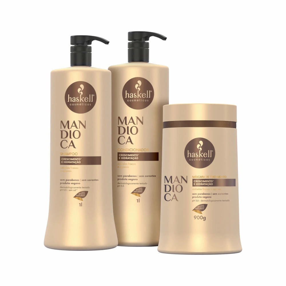 Kit Mandioca Haskell Shampoo e Condicionador 1l Máscara 900g