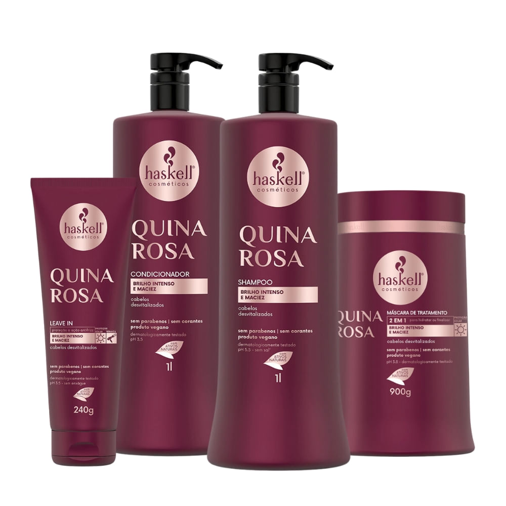 Kit Haskell Quina Rosa Shampoo, Condicionador e Mascara 1L + Leave In