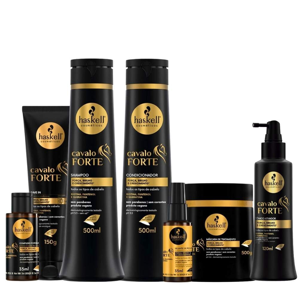 Kit Haskell Cavalo Forte Sh Cond 500ml Masc 500g Completo 7 Itens