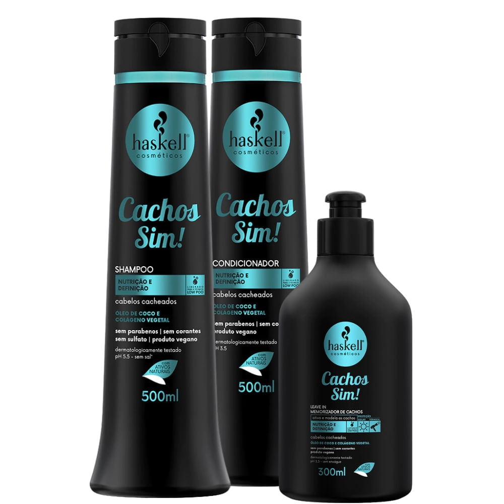 Kit Haskell Cachos Sim! Shampoo e Condicionador 500ml + Leave in Memorizador 300ml