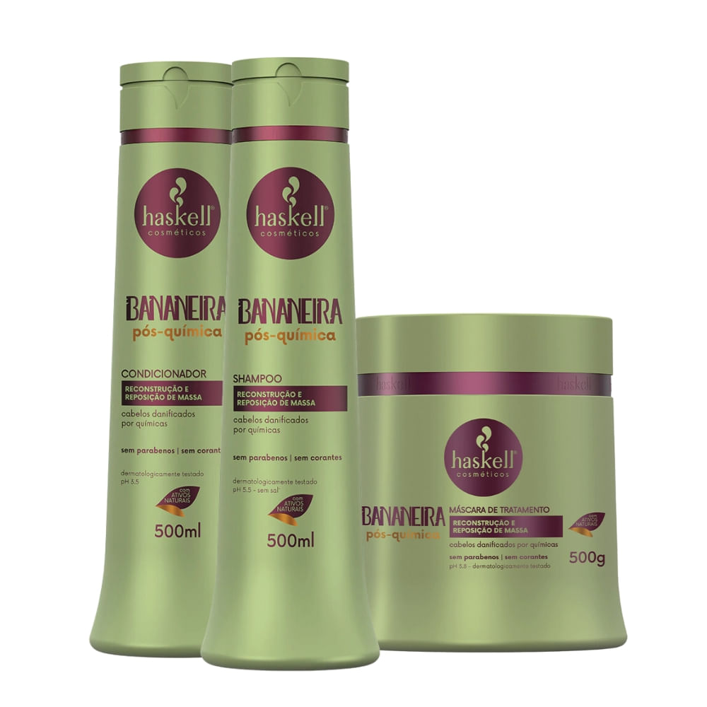 Kit Haskell Bananeira Pós-Química Shampoo Condicionador e Máscara 500ml/gr