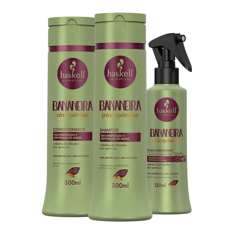 Kit Haskell Bananeira Pós-Química Shampoo e Condicionador 300ml + Fluido 120ml