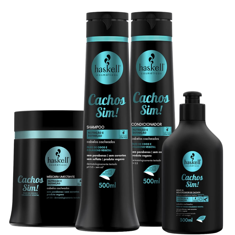 Kit Haskell Cachos Sim! Shampoo, Condicionador, Máscara e 500ml/g + Leave-in 300ml