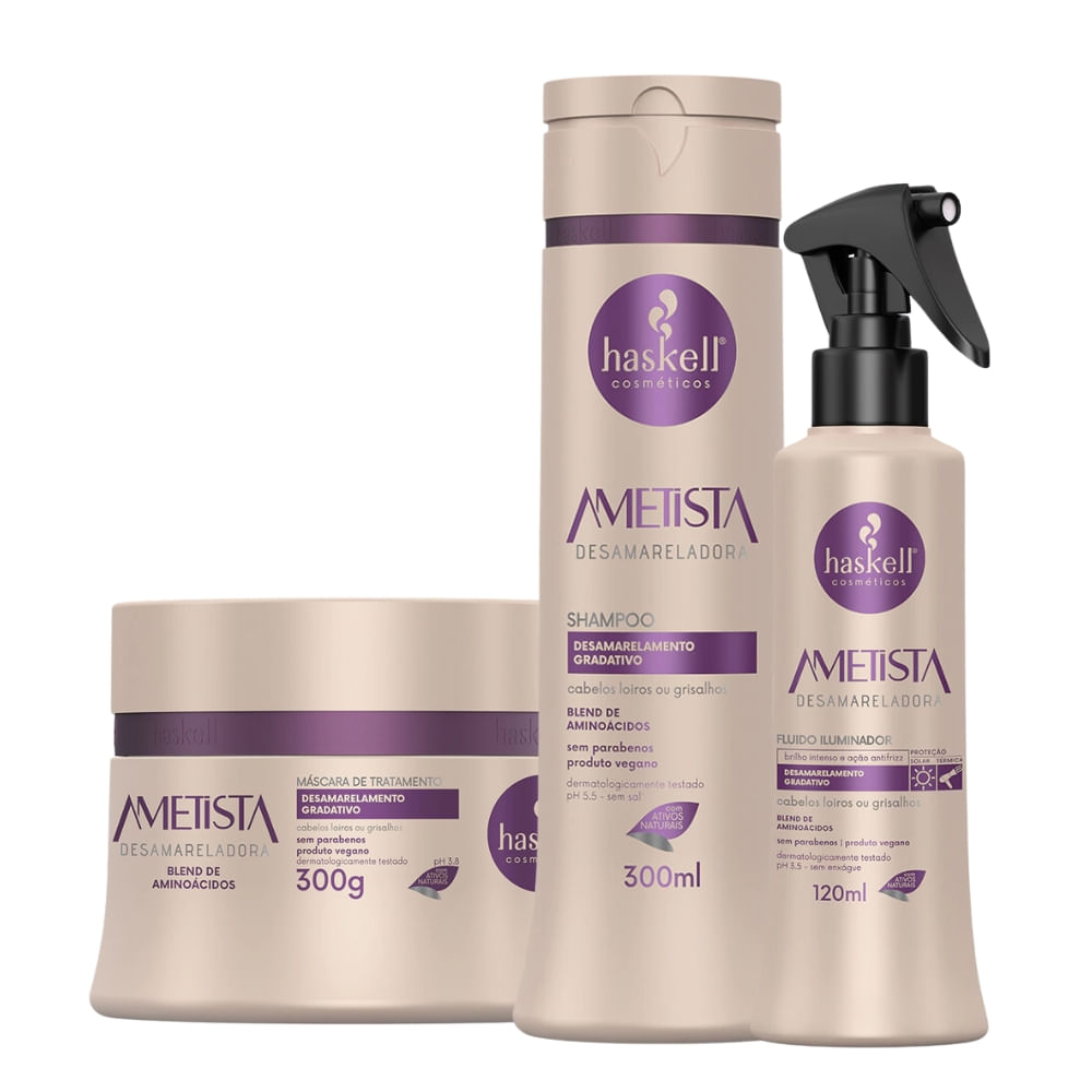 Kit Haskell Ametista Desamarelador Shampoo, Mascara 300ml/g e Fluido Iluminador