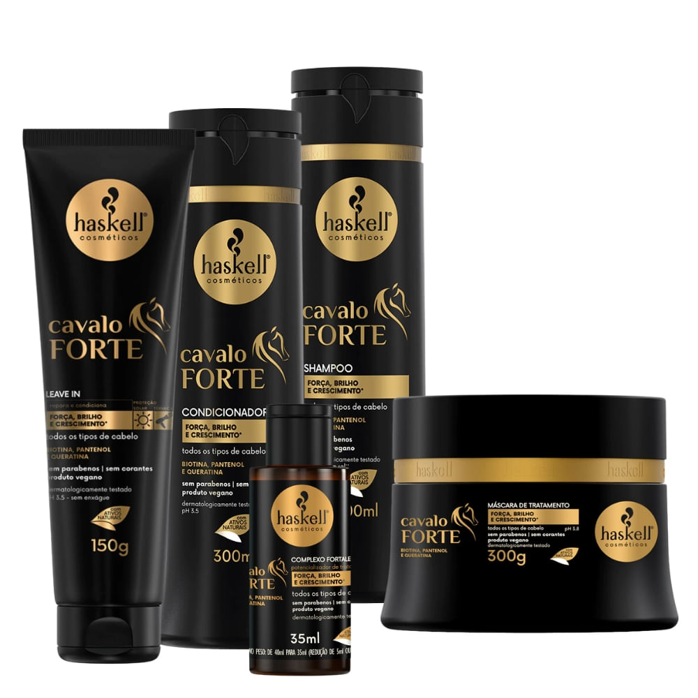 Kit Com 5 Itens Haskell Cavalo Forte Shampoo + Condicionador + Máscara 300mL/g + Leave-In + Complexo Fortalecido