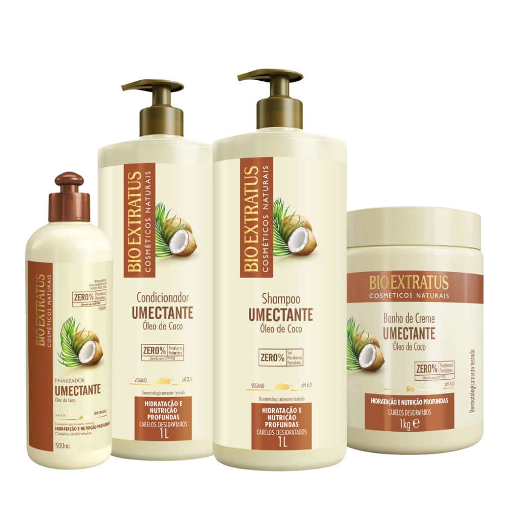 Kit Bio Extratus Umectante Óleo de Coco Shampoo Condicionador Máscara 1L/Kg Finalizador 500