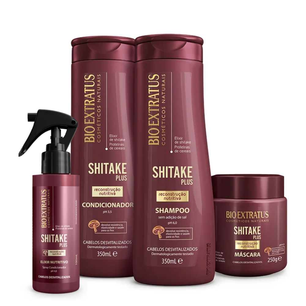 Kit Bio Extratus Shitake Plus Shampoo Condicionador Máscara 350mL Elixir Nutritivo