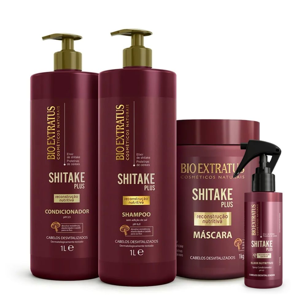 Kit Bio Extratus Shitake Plus Shampoo Condicionador Máscara 1L/Kg Elixir Nutritivo