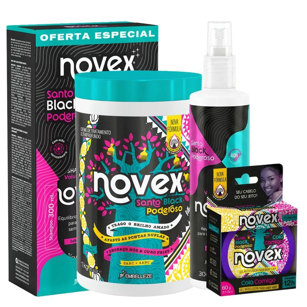 Kit Completo Novex Santo Black Poderoso: Shampoo e Condicionador 300ml, Creme De Tratamento 1kg, Leave-In 300ml e Gel Para Baby Hair 60g