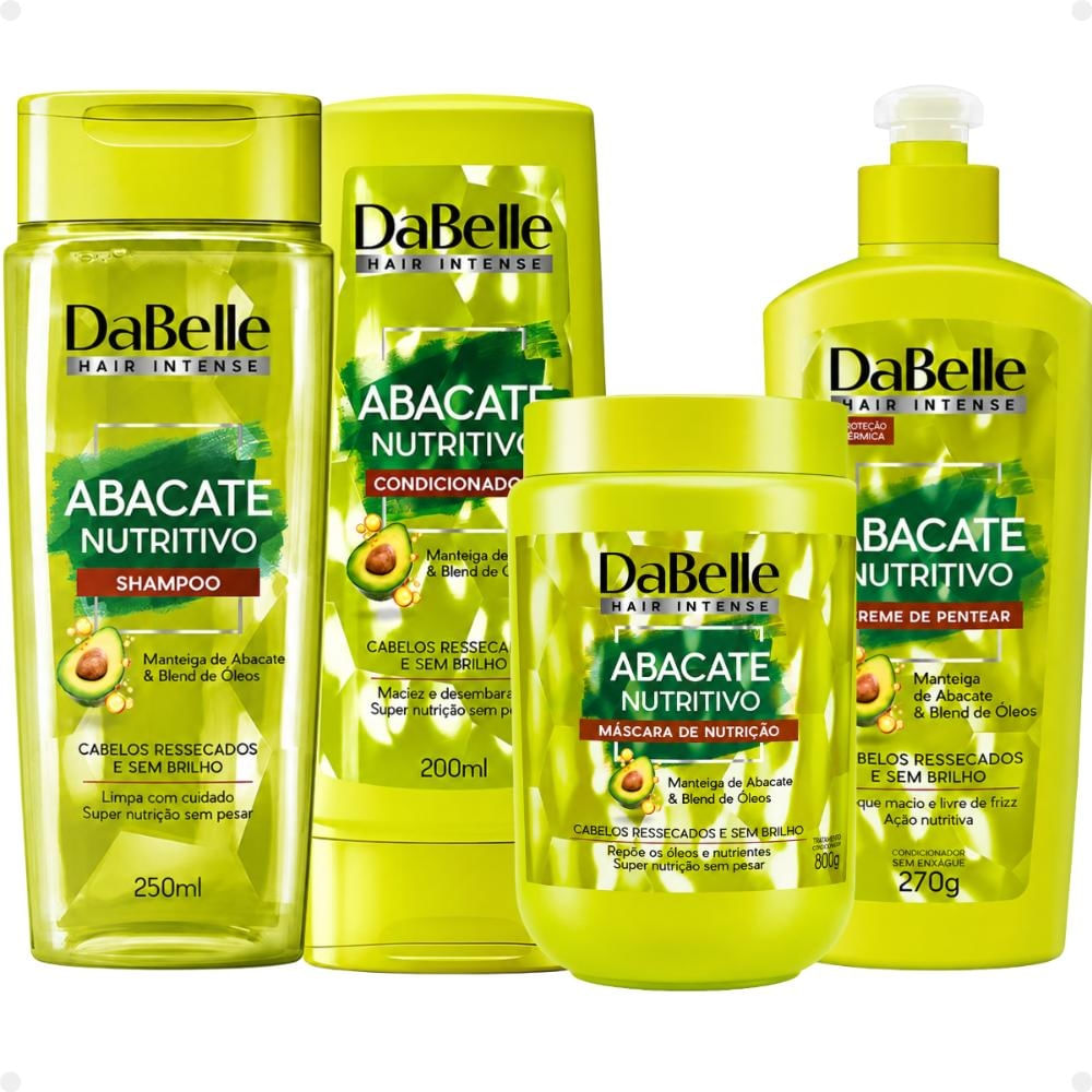 Kit DaBelle Abacate Nutritivo: Shampoo 250ml, Condicionador 200ml, Máscara de Nutrição 800g e Creme de Pentear 270g