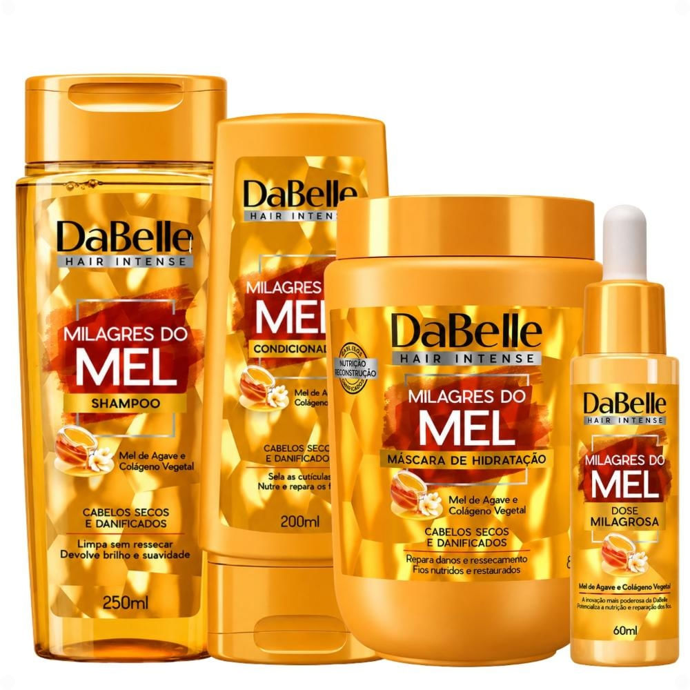 Kit DaBelle Milagres Do Mel: Shampoo 250ml e Condicionador 200ml + Máscara De Hidratação 800g + Dose Milagrosa 60 ml
