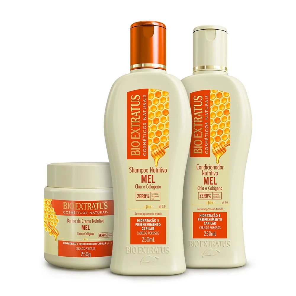 Kit Bio Extratus Mel Nutritivo Shampoo Condicionador Banho de Creme 250mL/g